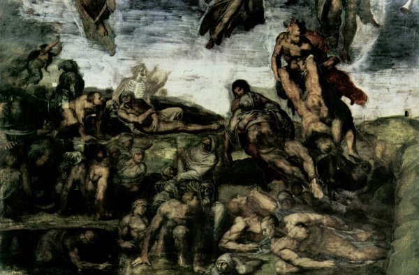 The Last Judgement fresco on the altar wall of the Sistine chapel, detail resurrection of the dead from their graves